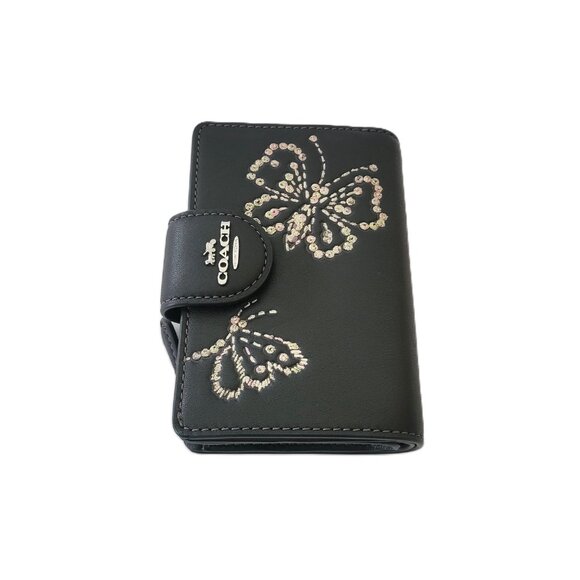 Coach CCL65 Medium Corner Zip Butterfly Print Bifold Wallet Smooth Leather Black - Picture 5 of 8